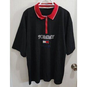 VTG 90s Tommy Hilfiger Spellout Mesh Jersey Zip Polo Shirt Short Sleeve Size 2XL